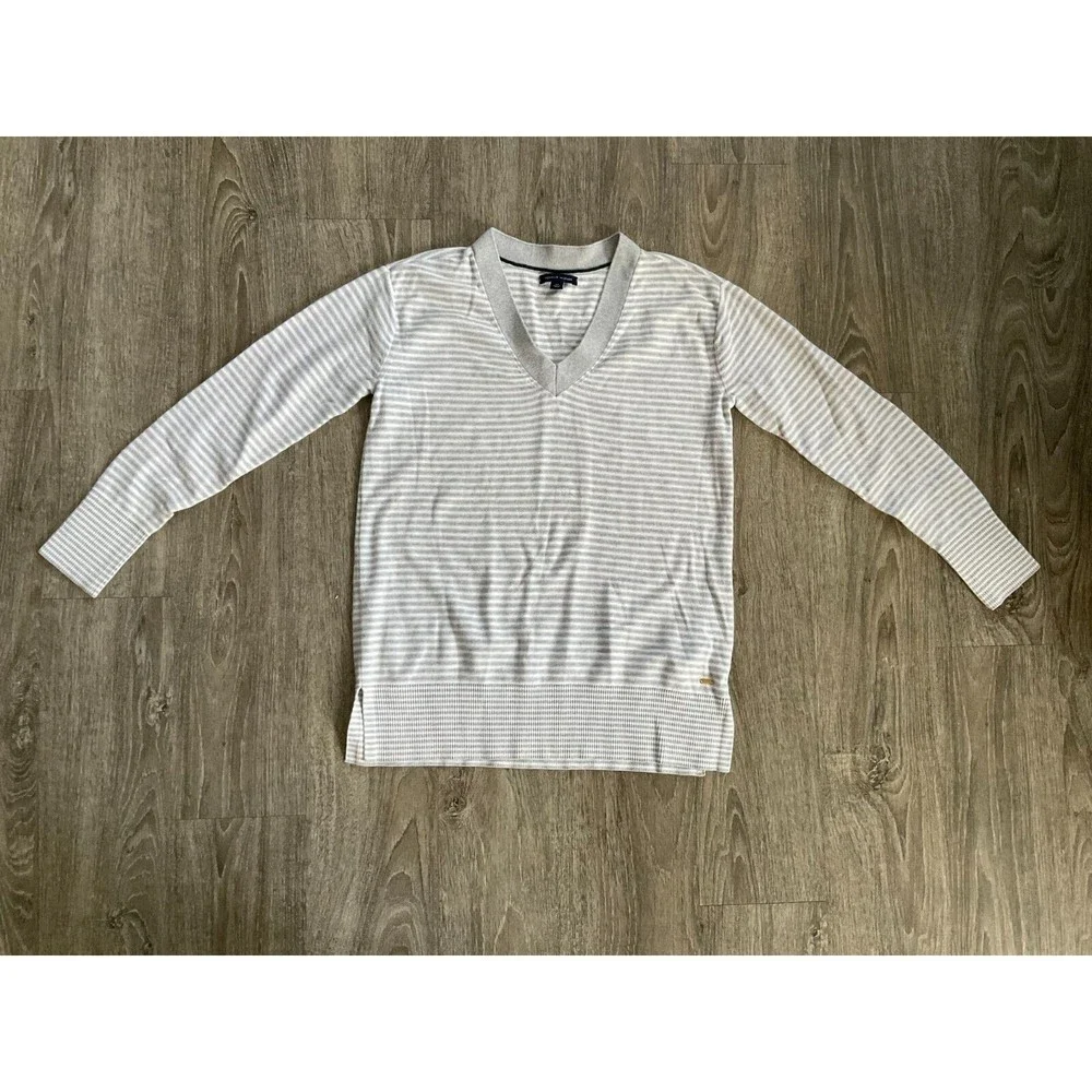 Tommy‎ Hilfiger Women's Sweater Small Vneck Grey White Striped